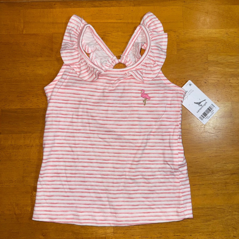 NWT Carters Baby Girl Pink White Striped Flamingo Ruffle Tank Top 12M